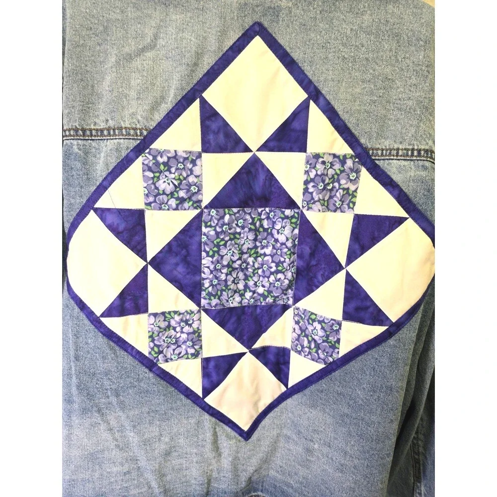 Upcycled Denim Jean Jacket Womens XL Blue Quilt Square Coastal Grandma Folk Art